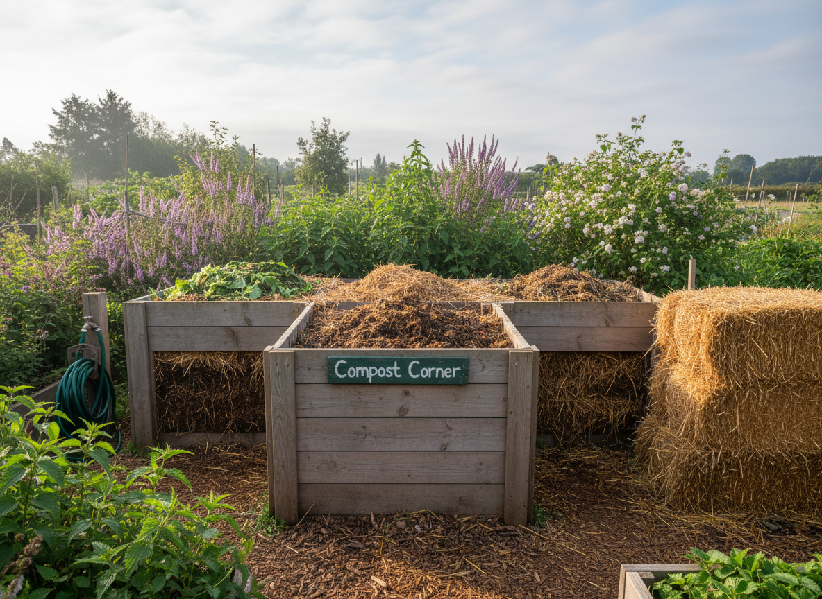 An inviting composting area in a community organic garden, featuring three sturdy wooden compost bays filled with layered garden waste, straw, and partially decomposed organic matter showing rich, crumbly texture. A clearly labeled, hand-painted wooden sign reading “Compost Corner” hangs on the front of the central bay. Surrounding the bays are native shrubs, nettle patches, and a small pile of neatly stacked straw bales. Soft morning sunlight filters through light cloud cover, creating a gentle, diffused glow and subtle shadows. Captured from an eye-level perspective with balanced composition, the image has sharp detail across the frame. The atmosphere is educational, practical, and welcoming, rendered in clean photographic realism that underscores sustainable gardening practices and environmental stewardship, with no people visible.