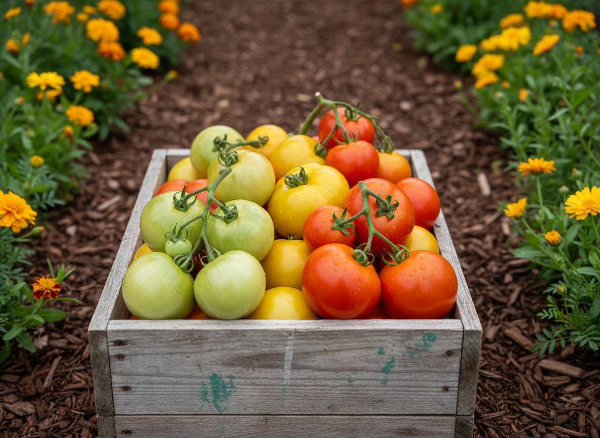 A close-up photographic view of a weathered wooden planter box brimming with heirloom tomatoes in various stages of ripeness, from pale green to deep red, their skins slightly glossy with tiny drops of water. The planter rests on a mulched garden path bordered by low, flowering herbs such as marigolds and calendula. Overcast daylight provides soft, diffused lighting that gently wraps around the fruit, minimizing harsh shadows and emphasizing natural colors. Shot from a slightly elevated angle with a shallow depth of field, the front cluster of tomatoes is in crisp focus while the background dissolves into a soft, earthy blur. The mood is fresh, organic, and nurturing, with a professional, documentary-style realism ideal for an organic gardening charity site.